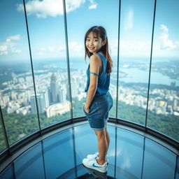 A very beautiful young Korean girl wearing a blue outfit, shorts, and sneakers, standing on a glass floor at an impressive tourist attraction