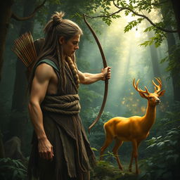 A rugged wilderness scene depicting a male figure wearing a simple dress made of tree bark and deerskin, standing in a lush forest