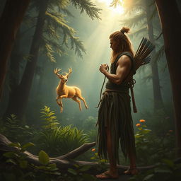 A rugged wilderness scene depicting a male figure wearing a simple dress made of tree bark and deerskin, standing in a lush forest