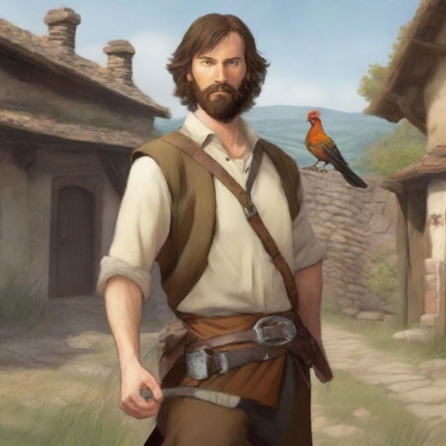 An ultra-realistic comic-style image of a Dungeons & Dragons bard character standing in a village