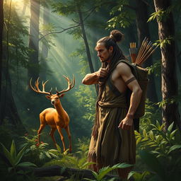 A rugged wilderness scene depicting a male figure wearing a simple dress made of tree bark and deerskin, standing in a lush forest