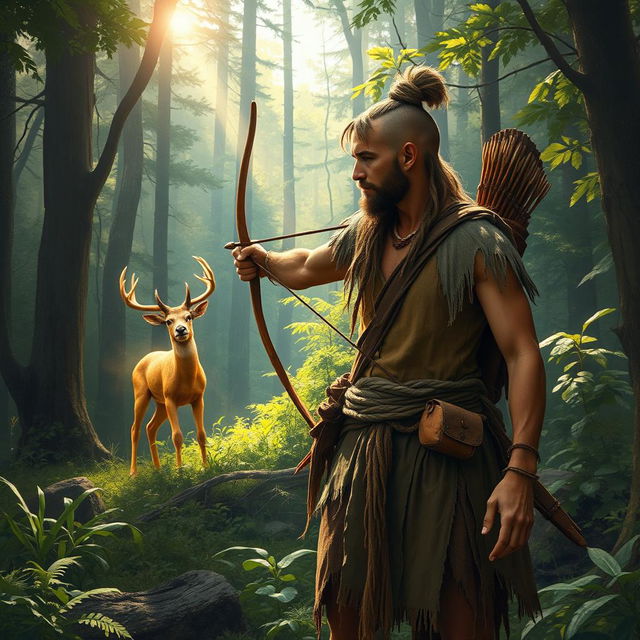 A rugged wilderness scene depicting a male figure wearing a simple dress made of tree bark and deerskin, standing in a lush forest