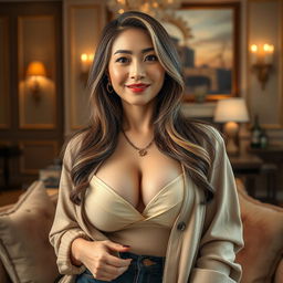 A stunning South Korean woman with large breasts, portrayed as a wealthy and confident widow, exuding a relaxed yet seductive charm