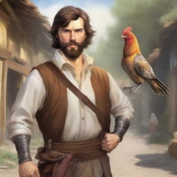 An ultra-realistic comic-style image of a Dungeons & Dragons bard character standing in a village