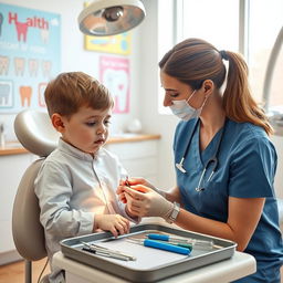 A medical professional, a pediatric dentist, examining a child with a dental traumatic injury in a bright, modern dental clinic