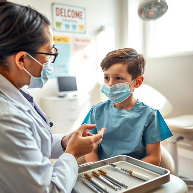 A medical professional, a pediatric dentist, examining a child with a dental traumatic injury in a bright, modern dental clinic