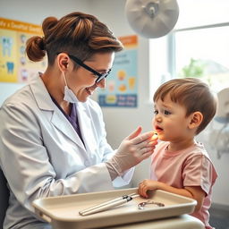 A medical professional, a pediatric dentist, examining a child with a dental traumatic injury in a bright, modern dental clinic