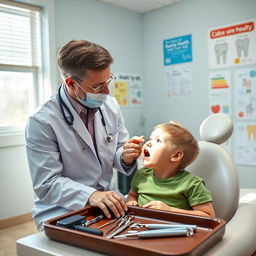 A medical professional, a pediatric dentist, examining a child with a dental traumatic injury in a bright, modern dental clinic