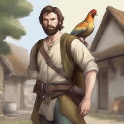 An ultra-realistic comic-style image of a Dungeons & Dragons bard character standing in a village