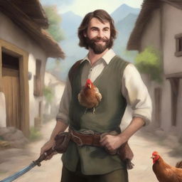 This is an ultra-realistic comic-style image of a Dungeons & Dragons bard character in a village