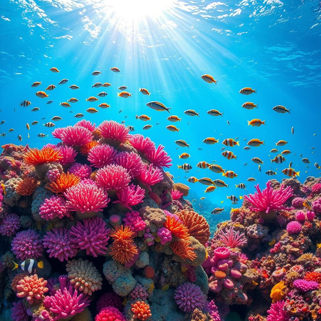 A stunning underwater scene showcasing a vibrant coral reef, filled with a variety of colorful corals and marine life