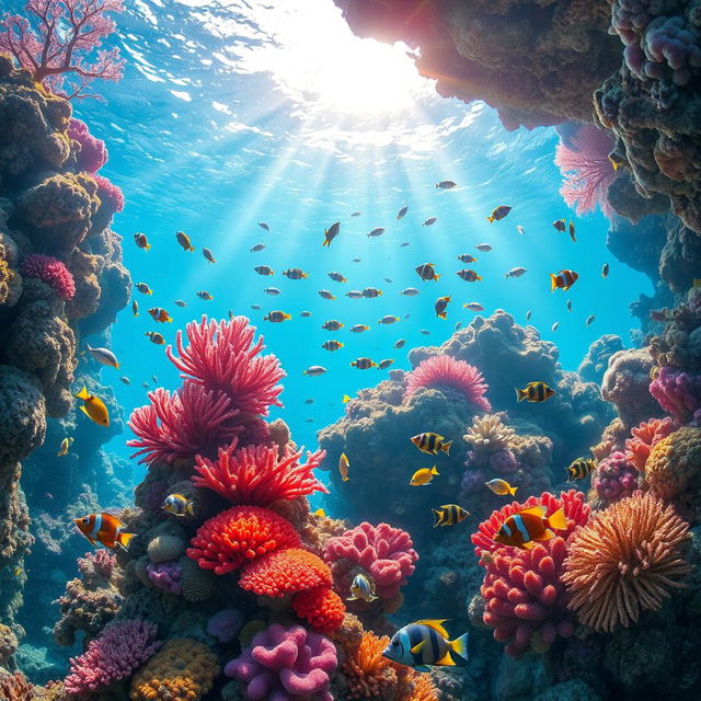 A stunning underwater scene showcasing a vibrant coral reef, filled with a variety of colorful corals and marine life