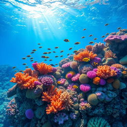 A stunning underwater scene showcasing a vibrant coral reef, filled with a variety of colorful corals and marine life