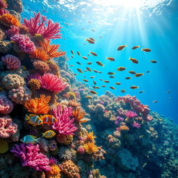 A stunning underwater scene showcasing a vibrant coral reef, filled with a variety of colorful corals and marine life