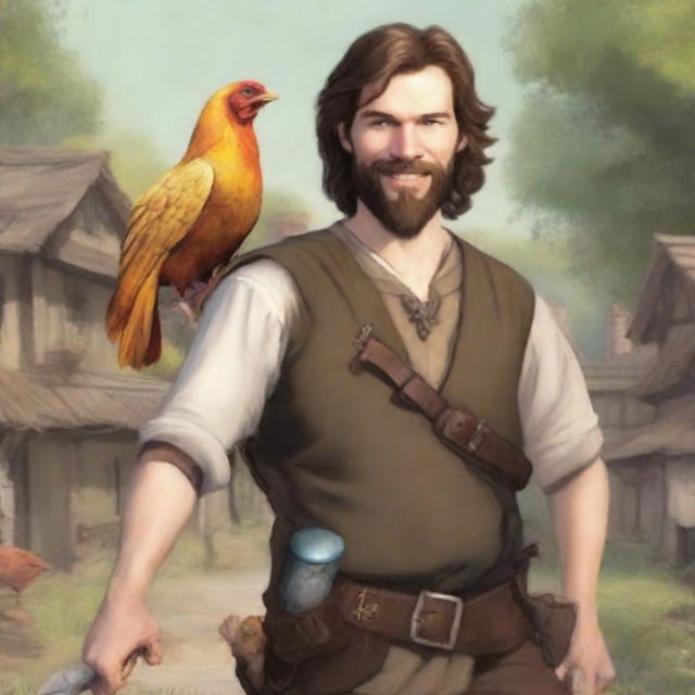 This is an ultra-realistic comic-style image of a Dungeons & Dragons bard character in a village