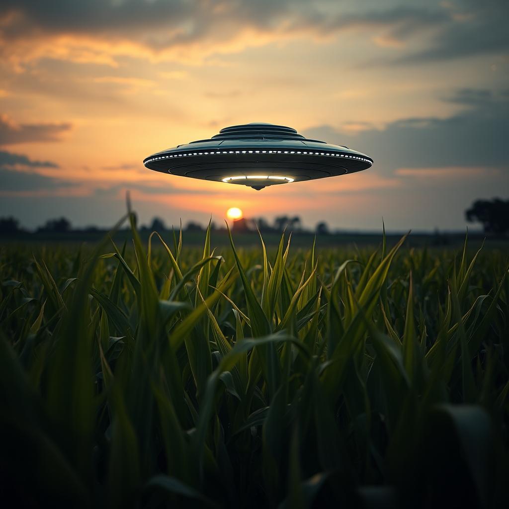 A striking raw photograph of a UFO hovering above a lush cornfield under a dramatic twilight sky