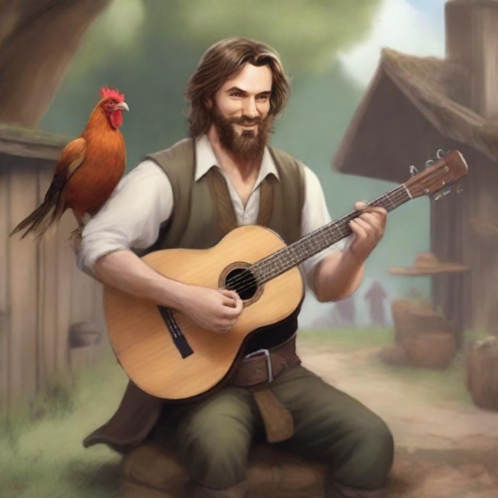 A high-quality, ultra-realistic comic-style image of a Dungeons & Dragons bard character in a village