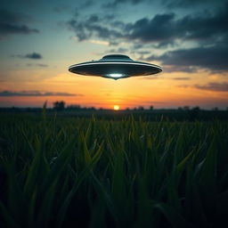 A striking raw photograph of a UFO hovering above a lush cornfield under a dramatic twilight sky