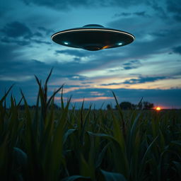 A striking raw photograph of a UFO hovering above a lush cornfield under a dramatic twilight sky
