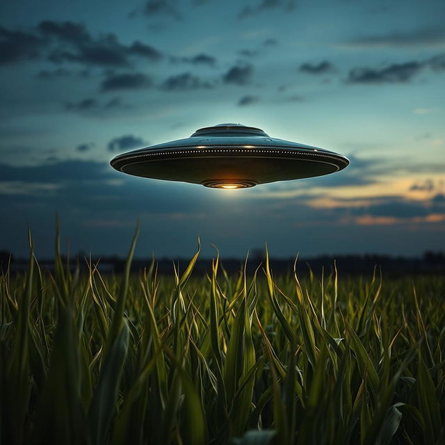 A striking raw photograph of a UFO hovering above a lush cornfield under a dramatic twilight sky