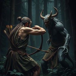 A fierce battle scene in a dense, dark forest