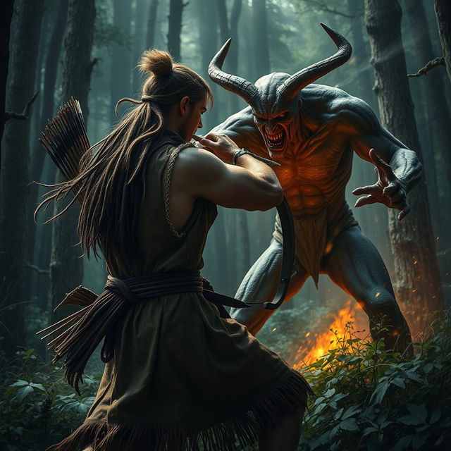 A fierce battle scene in a dense, dark forest