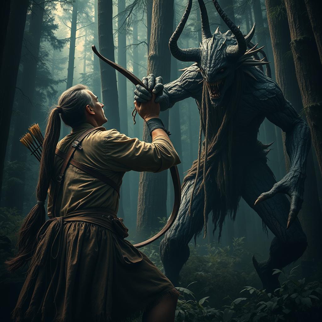 A fierce battle scene in a dense, dark forest