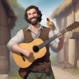 A high-quality, ultra-realistic comic-style image of a Dungeons & Dragons bard character in a village