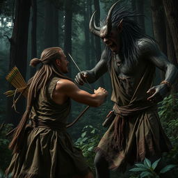 A fierce battle scene in a dense, dark forest