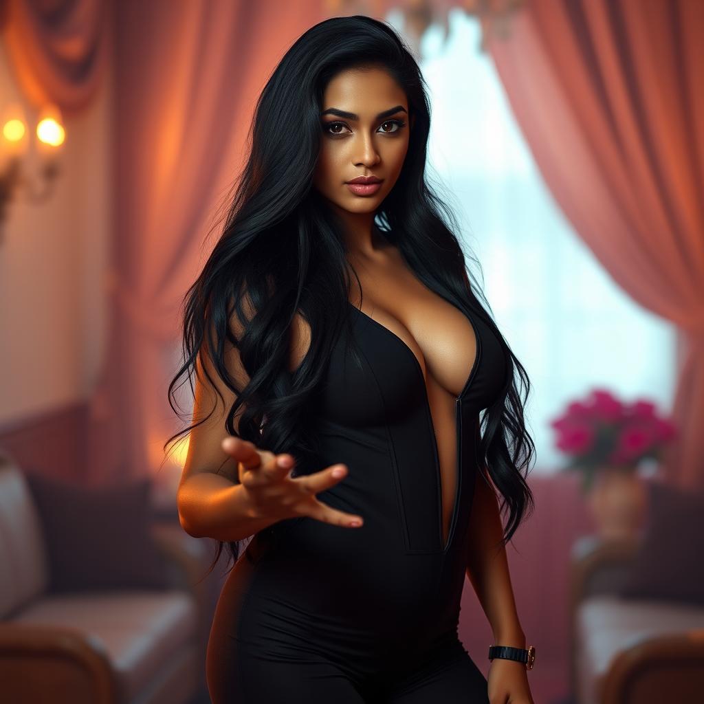 A tall, sensual Indian woman with big features, exuding confidence and allure