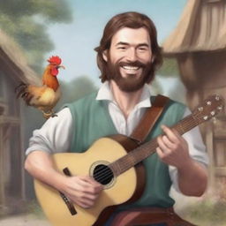 A high-quality, ultra-realistic comic-style image of a Dungeons & Dragons bard character in a village