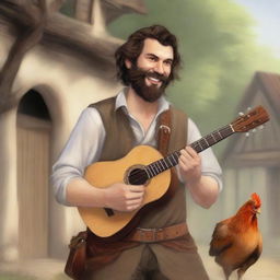 A high-quality, ultra-realistic comic-style image of a Dungeons & Dragons bard character in a village