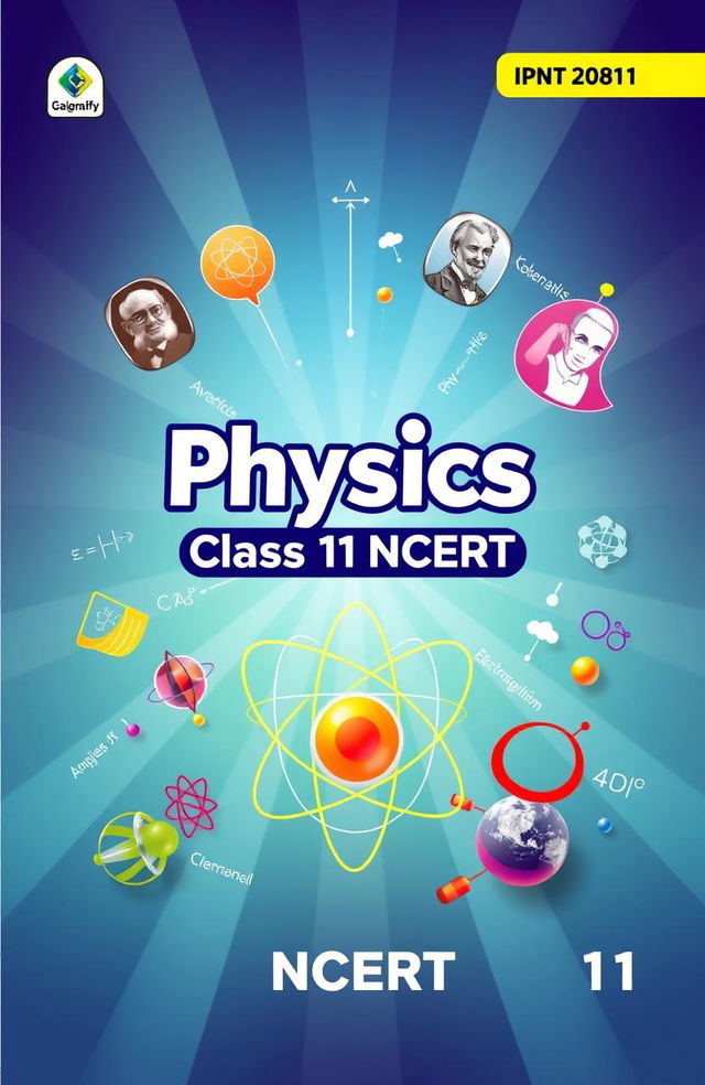 A high-quality, detailed illustration of the cover of a physics textbook, specifically designed for Class 11 NCERT