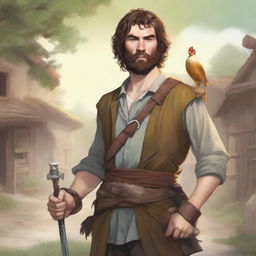 An ultra-realistic comic illustration of a Dungeons & Dragons bard character in a village