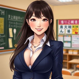 A beautiful Japanese woman with large breasts, depicted as a charming and alluring teacher