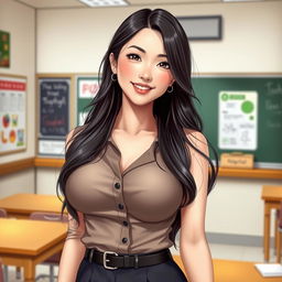 A beautiful Japanese woman with large breasts, depicted as a charming and alluring teacher