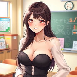 A beautiful Japanese woman with large breasts, depicted as a charming and alluring teacher