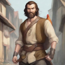 An ultra-realistic comic illustration of a Dungeons & Dragons bard character in a village