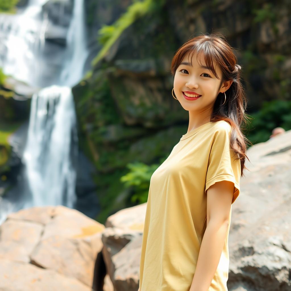 A beautiful young Korean woman wearing a casual t-shirt, standing on a large rock near a stunning waterfall, facing the camera with a soft and cute smile