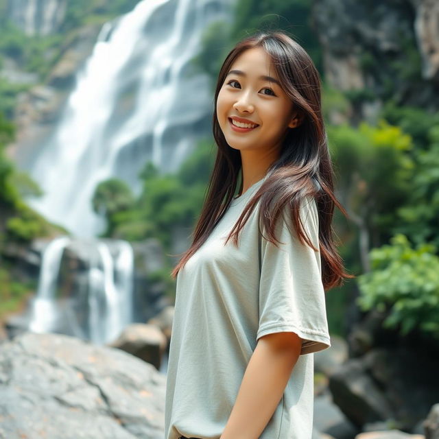 A beautiful young Korean woman wearing a casual t-shirt, standing on a large rock near a stunning waterfall, facing the camera with a soft and cute smile