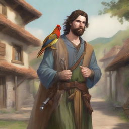 This is an ultra-realistic comic illustration of a Dungeons & Dragons bard character in a village