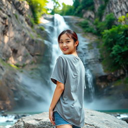 A beautiful young Korean woman wearing a casual t-shirt, standing on a large rock near a stunning waterfall, facing the camera with a soft and cute smile