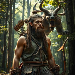A rugged man dressed in simple clothing made of tree bark and deerskin, with long, matted hair styled into a knot