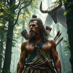 A rugged man dressed in simple clothing made of tree bark and deerskin, with long, matted hair styled into a knot