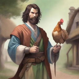 This is an ultra-realistic comic illustration of a Dungeons & Dragons bard character in a village