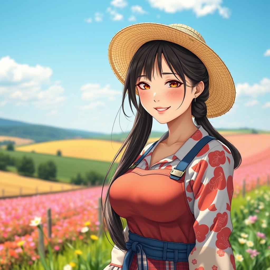 A beautiful Japanese woman with large breasts, portrayed as a charming and alluring farmer