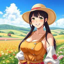 A beautiful Japanese woman with large breasts, portrayed as a charming and alluring farmer