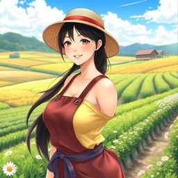 A beautiful Japanese woman with large breasts, portrayed as a charming and alluring farmer