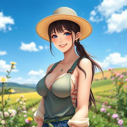 A beautiful Japanese woman with large breasts, portrayed as a charming and alluring farmer