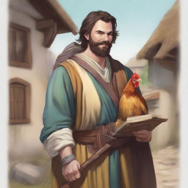 This is an ultra-realistic comic illustration of a Dungeons & Dragons bard character in a village